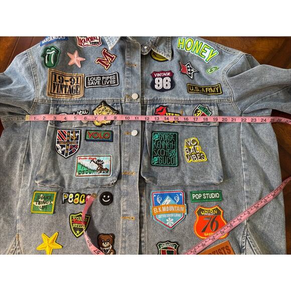 Embroidered Patch Button Up Long Sleeve Denim Jacket Shacket Hip Hop Streetwear - Picture 7 of 11